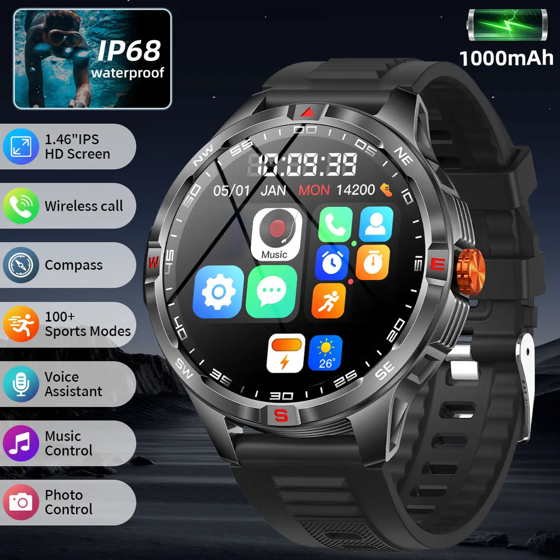 NEW 1000mAh Battery Smart Watch Wireless Call Answer