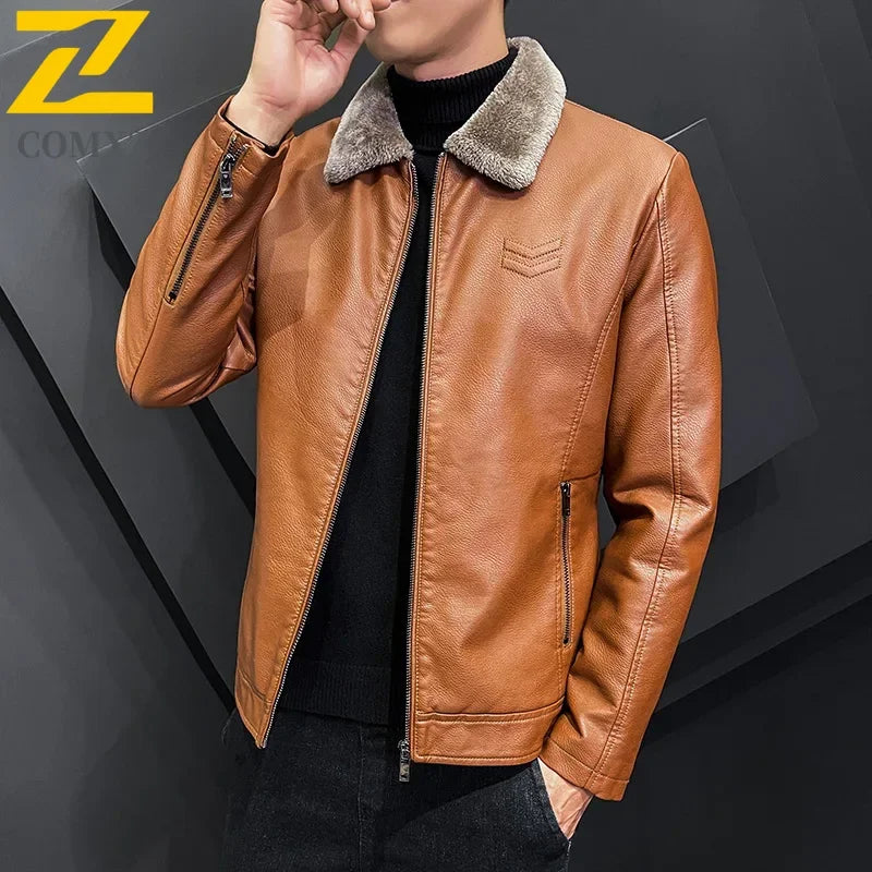 Winter Fashion Warmth Thickened Leather Jacket Lapel