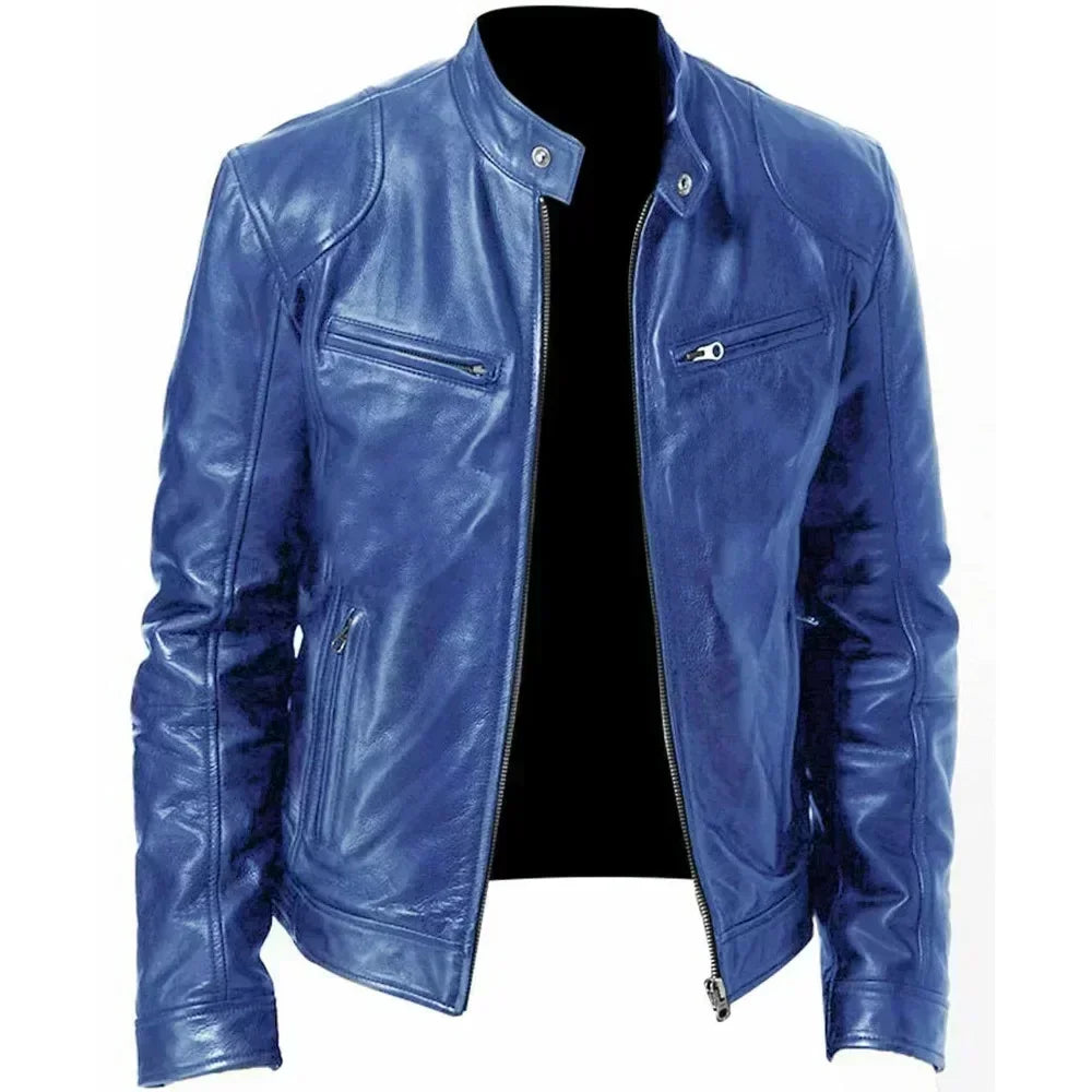Leather Motorcycle Jacket Men Stand Collar Casual Slim