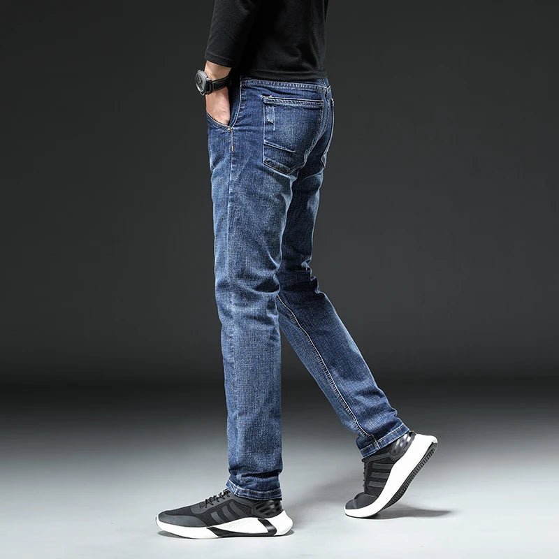 Jeans Men Autumn Midweight Blue Slim Straight Denim Pants