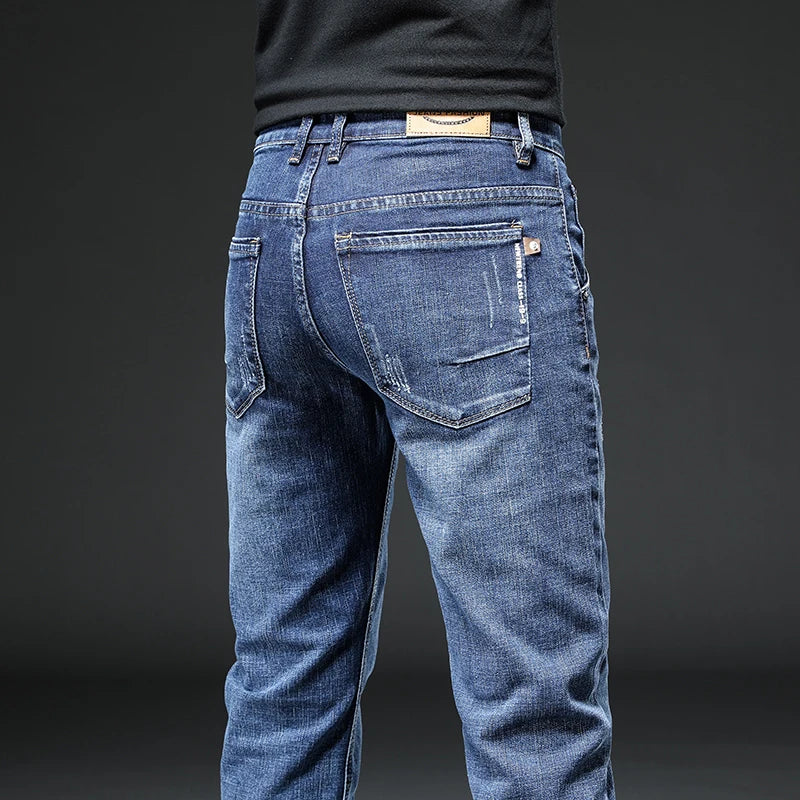 Jeans Men Autumn Midweight Blue Slim Straight Denim Pants
