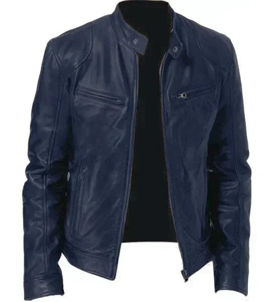 Leather Motorcycle Jacket Men Stand Collar Casual Slim