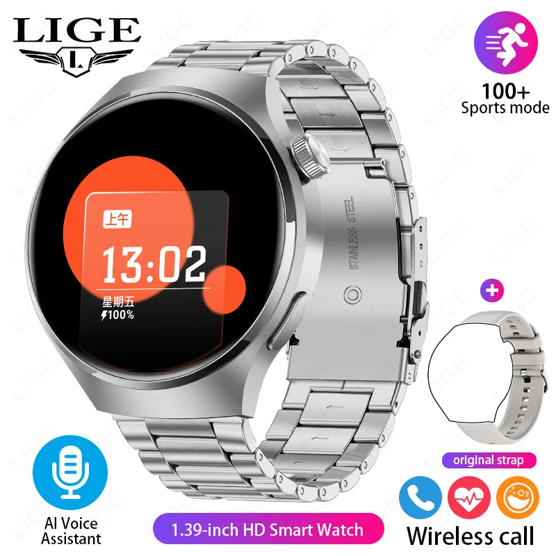 LIGE NFC Smart Watch Men HD Screen Temperature
