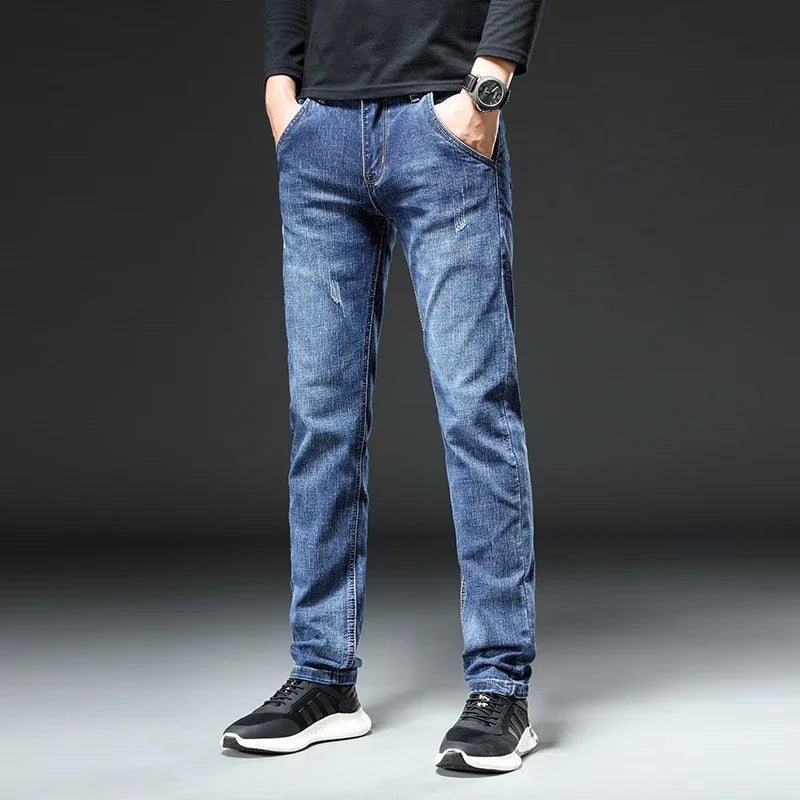 Jeans Men Autumn Midweight Blue Slim Straight Denim Pants