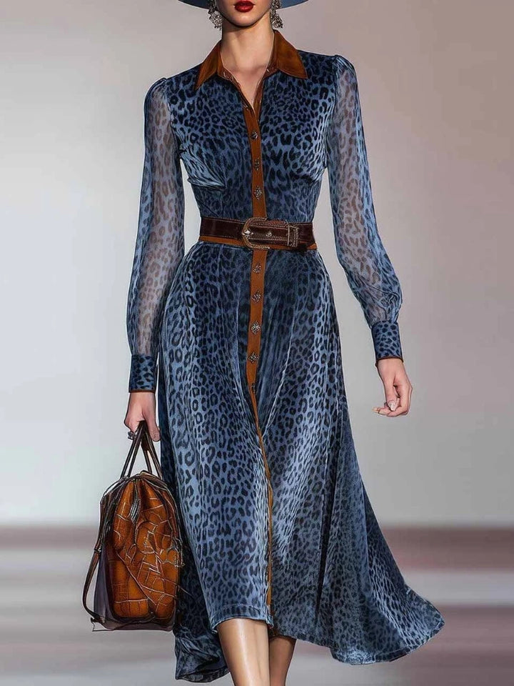 Elegant Woman Dresses Retro Turndown Collar Leopard