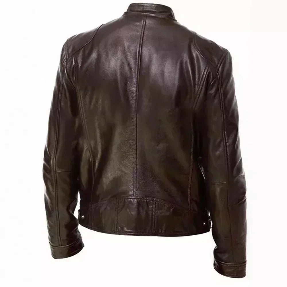 Leather Motorcycle Jacket Men Stand Collar Casual Slim