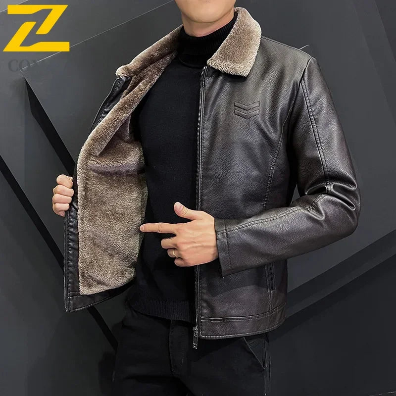 Winter Fashion Warmth Thickened Leather Jacket Lapel