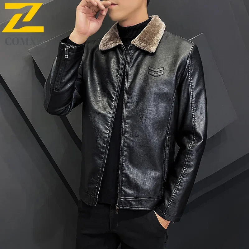Winter Fashion Warmth Thickened Leather Jacket Lapel