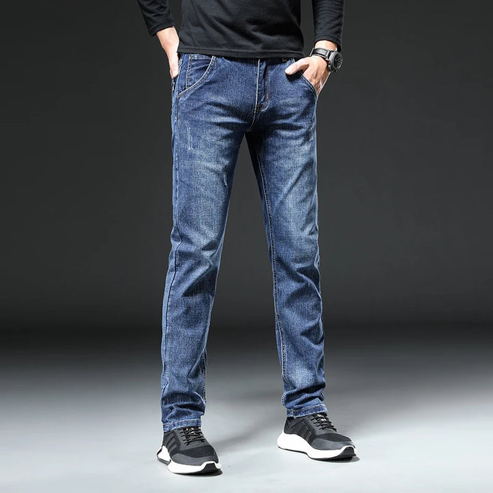 Jeans Men Autumn Midweight Blue Slim Straight Denim Pants