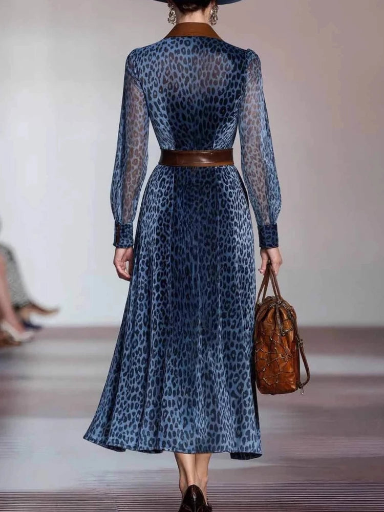 Elegant Woman Dresses Retro Turndown Collar Leopard