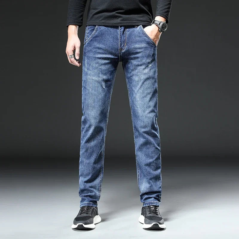 Jeans Men Autumn Midweight Blue Slim Straight Denim Pants