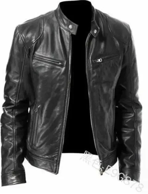 Leather Motorcycle Jacket Men Stand Collar Casual Slim