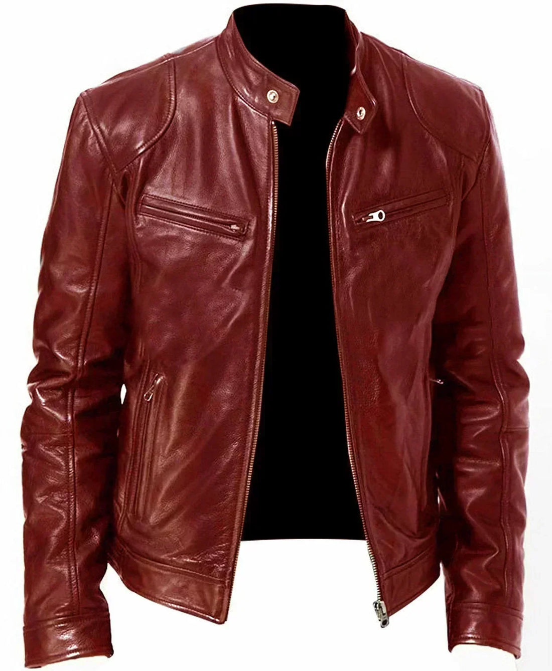 Leather Motorcycle Jacket Men Stand Collar Casual Slim