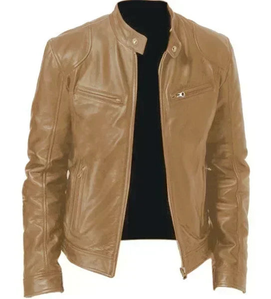 Leather Motorcycle Jacket Men Stand Collar Casual Slim