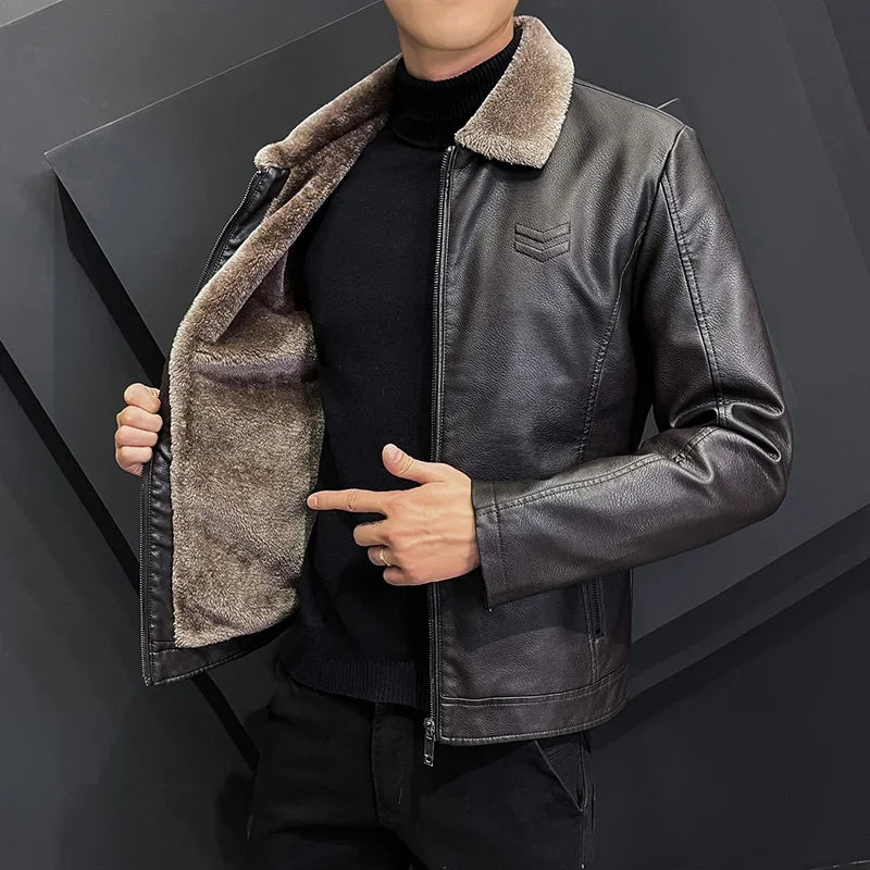 Winter Fashion Warmth Thickened Leather Jacket Lapel