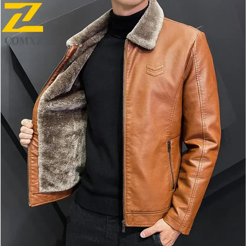 Winter Fashion Warmth Thickened Leather Jacket Lapel
