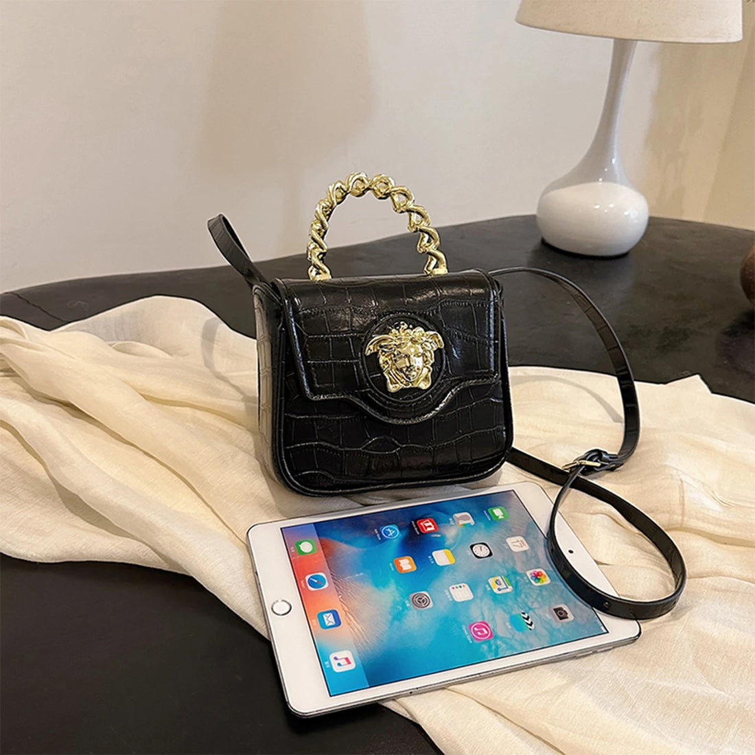 Mini Croc-Texture Crossbody Bag Gilded Medusa Logo