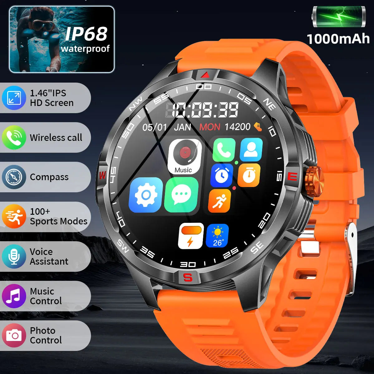 NEW 1000mAh Battery Smart Watch Wireless Call Answer
