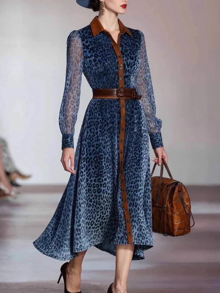 Elegant Woman Dresses Retro Turndown Collar Leopard