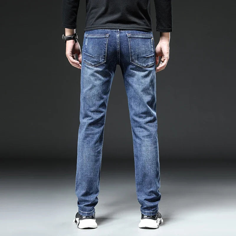 Jeans Men Autumn Midweight Blue Slim Straight Denim Pants