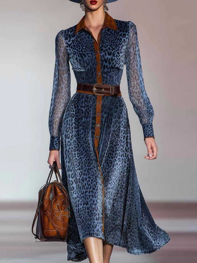 Elegant Woman Dresses Retro Turndown Collar Leopard