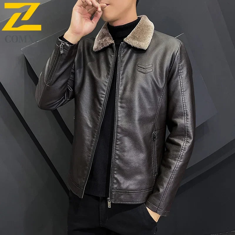 Winter Fashion Warmth Thickened Leather Jacket Lapel