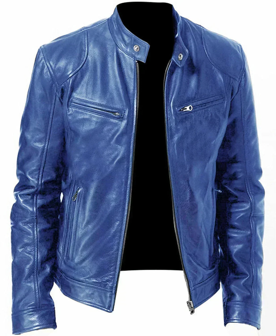 Leather Motorcycle Jacket Men Stand Collar Casual Slim