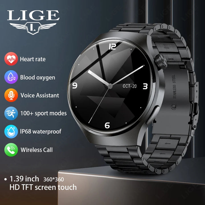 LIGE NFC Smart Watch Men HD Screen Temperature