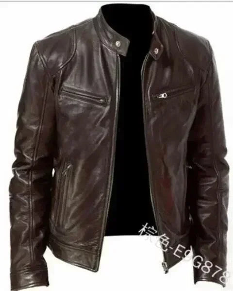 Leather Motorcycle Jacket Men Stand Collar Casual Slim
