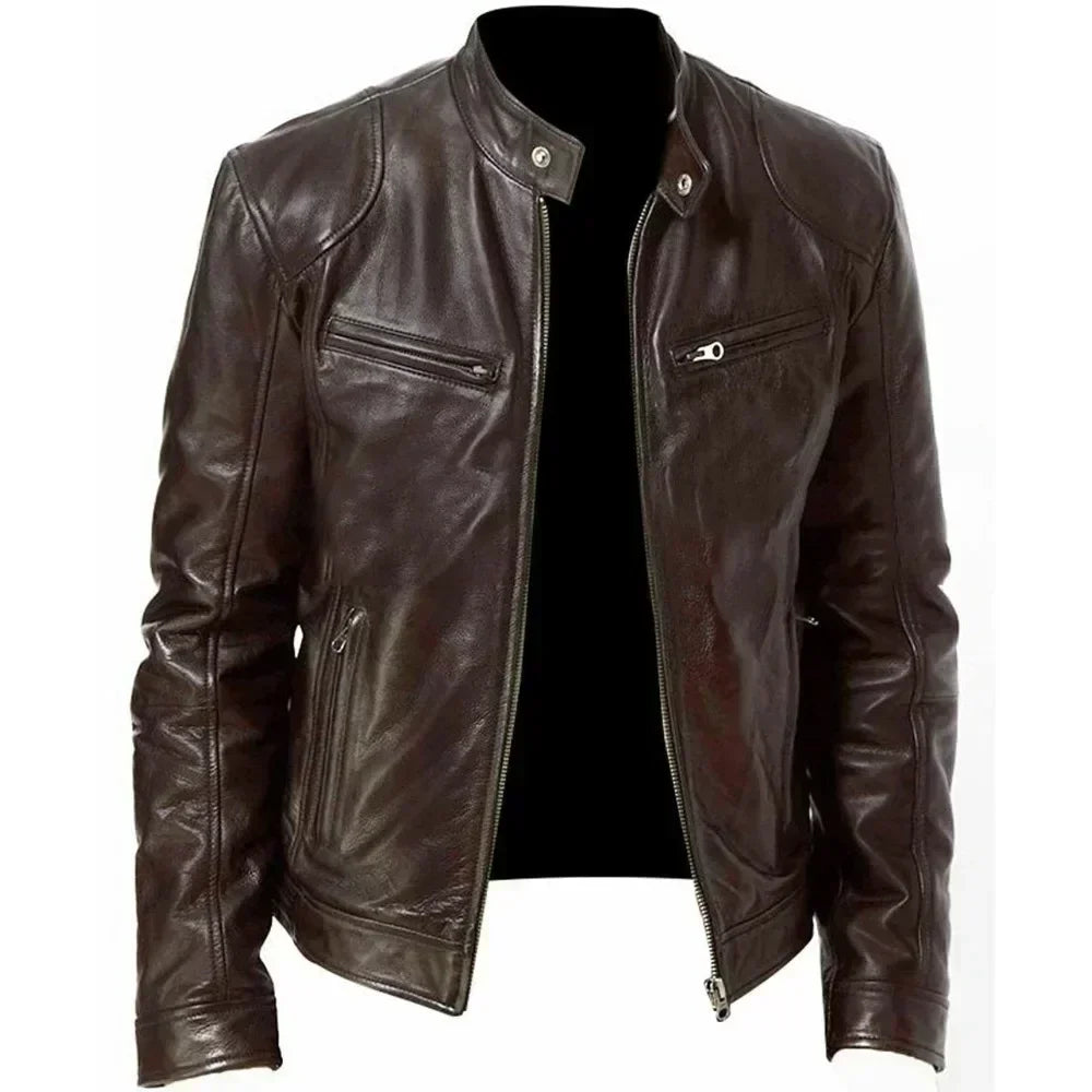 Leather Motorcycle Jacket Men Stand Collar Casual Slim