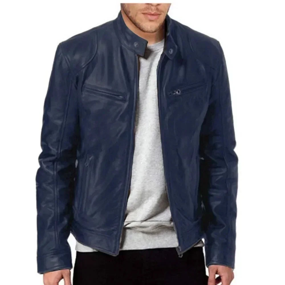 Leather Motorcycle Jacket Men Stand Collar Casual Slim