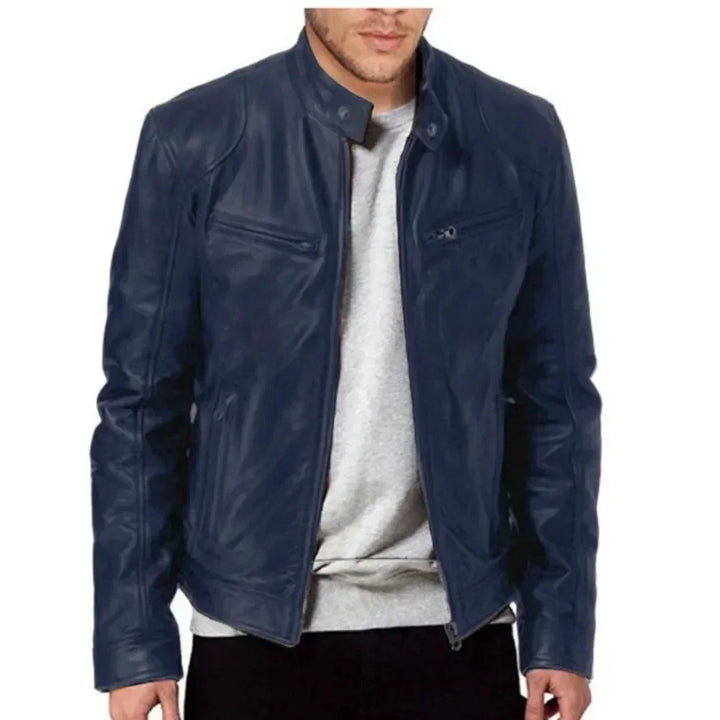 Leather Motorcycle Jacket Men Stand Collar Casual Slim